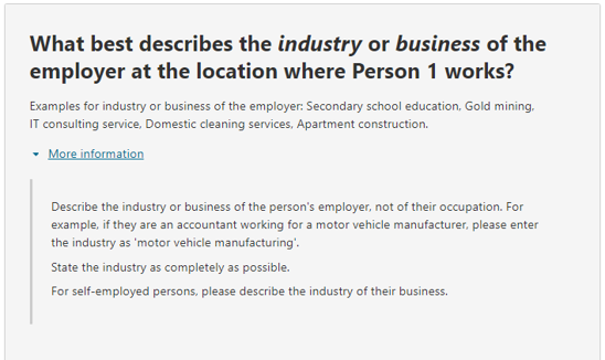 This image shows a question from the 2026 Census online form. This question asks: What best describes the industry or business of the employer where Person 1 works? 