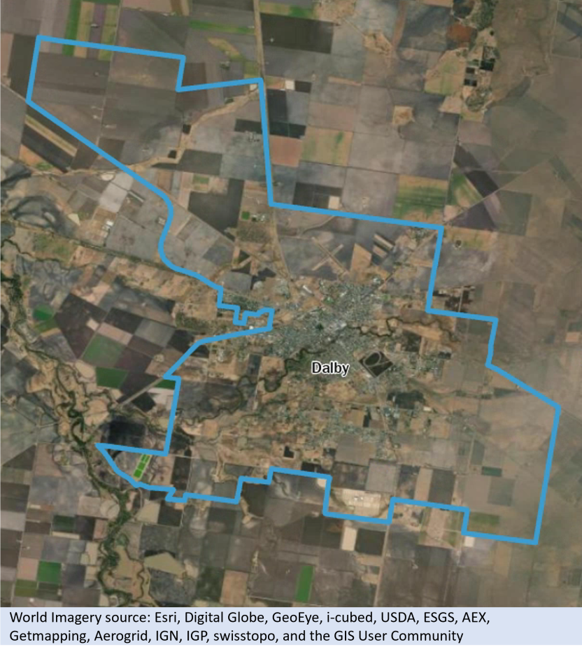Picture showing aerial satellite imagery of Dalby. Image shows the Edition 3 (2021) Dalby UCL boundary in blue. 