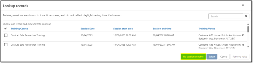 Location of the No session suitable button