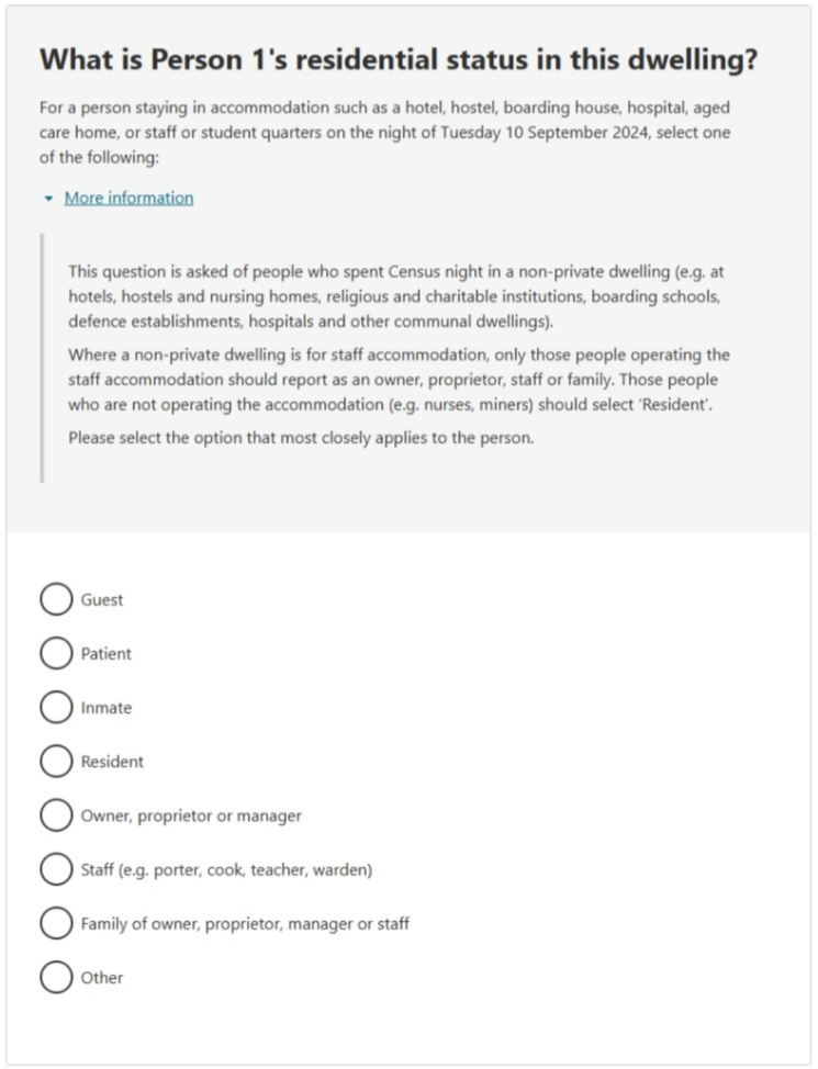 This image shows a question from the 2026 Census online form. This question asks: What is Person 1’s residential status in this dwelling?  