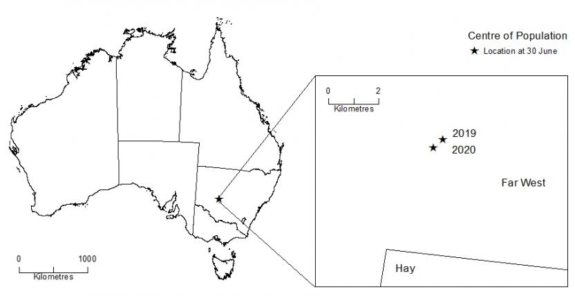 Map showing Australia's Centre of Population, June 2019 and June 2020