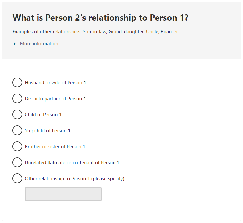 What is the person’s relationship to Person 1/Person 2? 