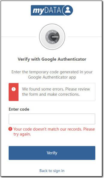 Image shows the verify with authenticator error when entering an incorrect code. User is required to use the code from the authenticator app. 