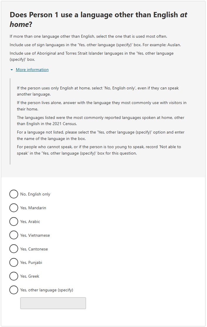 This image shows a question from the 2026 Census online form. This question asks: Does Person 1 use a language other than English at home?
