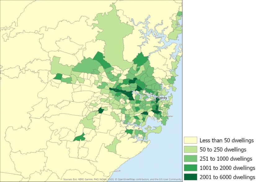 Figure 3: Number of apartments completed, New South Wales SA2s, 2016 to 2019