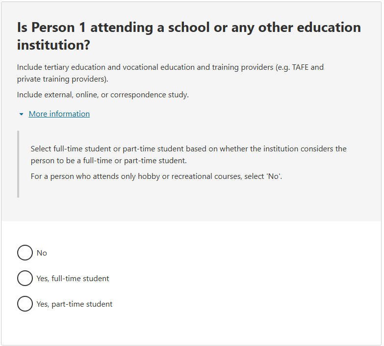 This image shows a question from the 2026 Census online form. This question asks: Is Person 1 attending a school or any other education institution?