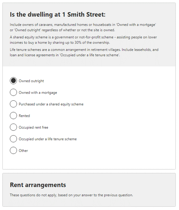 Landlord type example - owned outright response selected