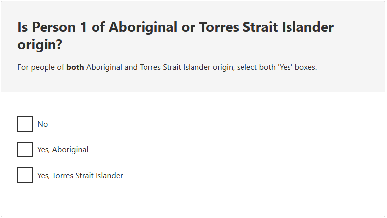This image shows a question from the 2026 Census online form. This question asks: Is Person 1 of Aboriginal or Torres Strait Islander origin? 