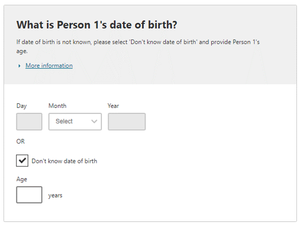 Example response to question above: Don't know date of birth response selected 
