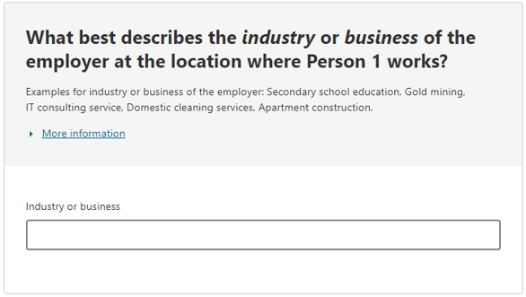 This image shows a question from the 2026 Census online form. This question asks: What best describes the industry or business of the employer where Person 1 works?