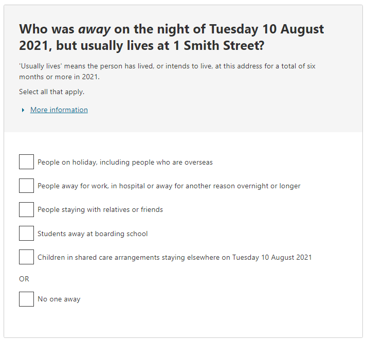 Were there any people away on the night of Tuesday 10 August who usually live in this dwelling?