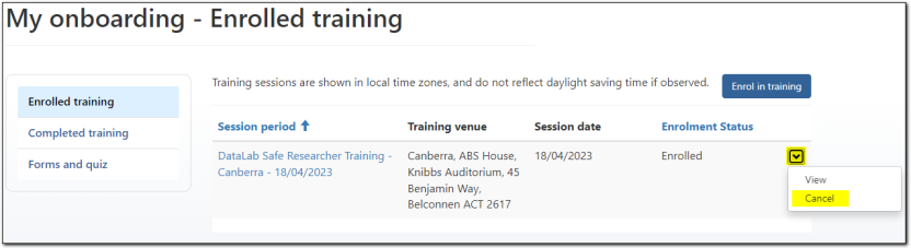 Showing drop down location to 'Cancel' training