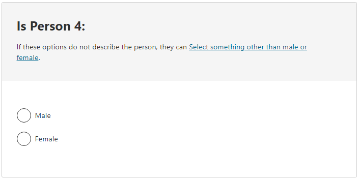 Is the person:(male; female; non-binary sex)