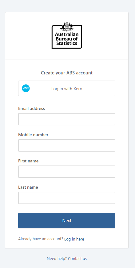 ABS Business Reporting sign up page