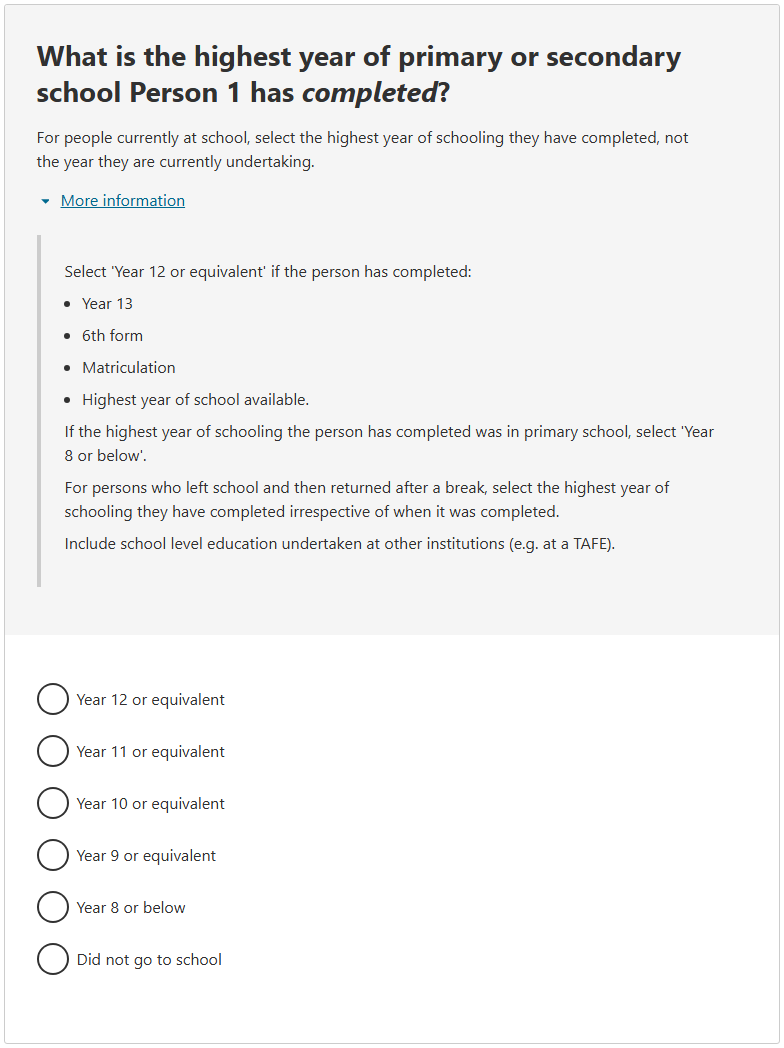 What is the highest year of primary or secondary school the person has completed? 