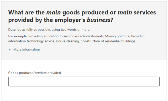 This image shows a question from the 2026 Census online form. This question asks: What are the main goods produced or main services provided by the employer’s business?  