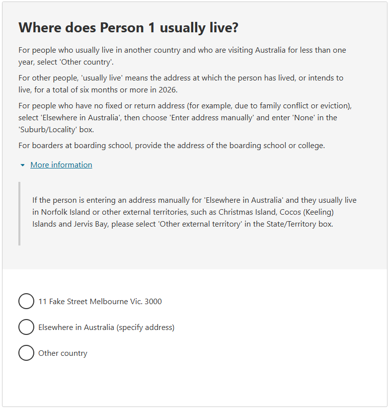 The image is the 'Where does the person usually live?' question from the 2026 Census web form.