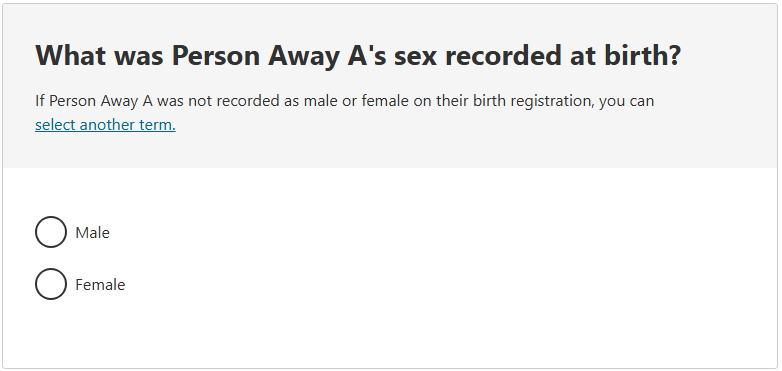 This image shows a question from the 2026 Census online form. This question asks: What was Person Away A’s sex recorded at birth? 