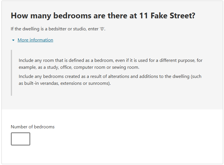 This image shows a question from the 2026 Census online form. This question asks: How many bedrooms are there at 11 Fake Street?  