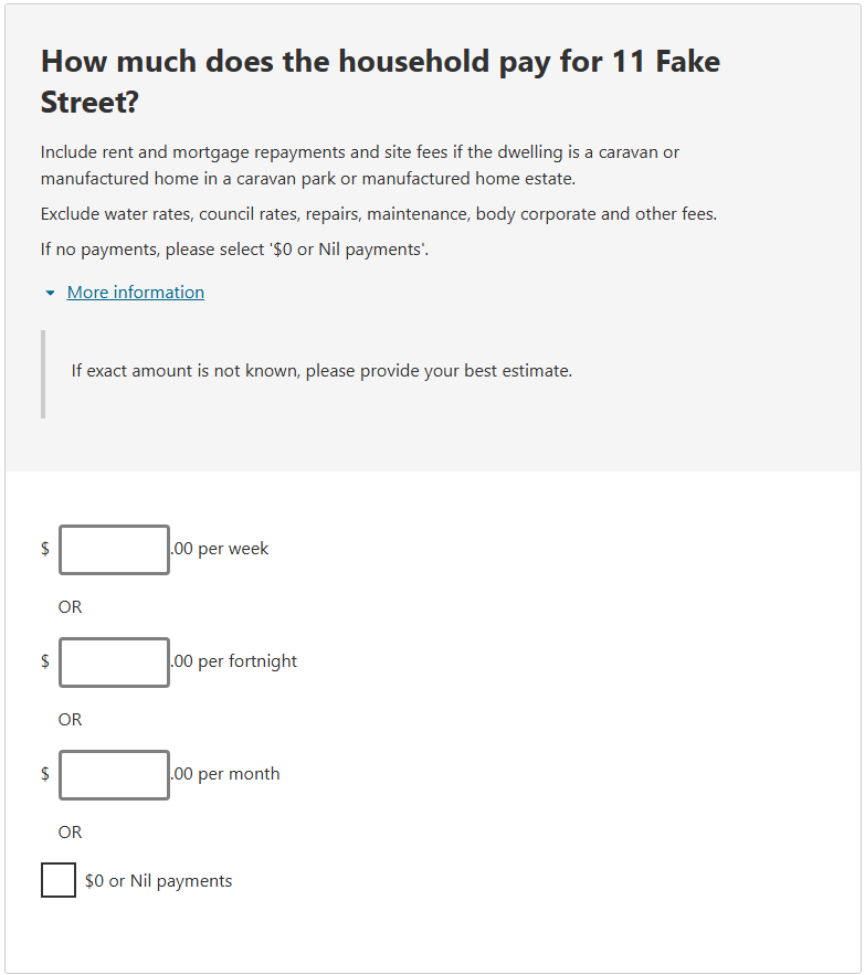 This image shows a question from the 2026 Census online form. This question asks: How much does the household pay for 11 Fake Street?  