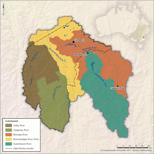 Image shows geographic boundary in scope for this publication which includes the ACT and the surrounding catchment region