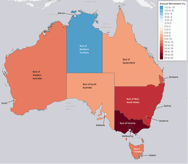 Heat map denoting annual revenue movements for each capital city, state, and territory. See graph below for figures.