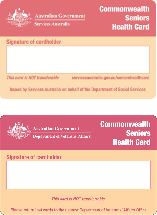 Image shows 2 versions of the Australian Government Services Australia Commonwealth Seniors Health Card. The two card images are presented, one above the other.