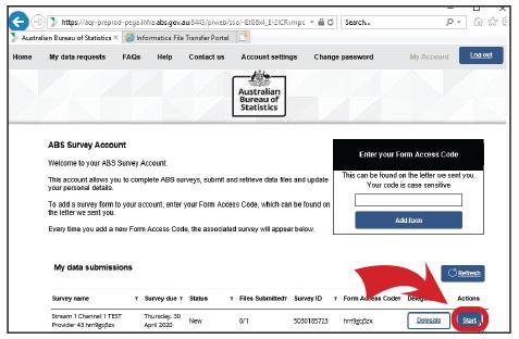 Screenshot of the ABS Survey Account page. The layout includes navigation tabs labeled ‘Home,’ ‘My data requests,’ ‘FAQs,’ ‘Help,’ ‘Contact us,’ ‘Account settings,’ and ‘Change password.’ A section titled ‘Welcome to your ABS Survey Account’ explains its purpose. On the right side, there’s a box titled ‘Enter your Form Access Code’ with an input field and an ‘Add form’ button. There is a red arrow pointing to the 'Start' button on the bottom left of the page.