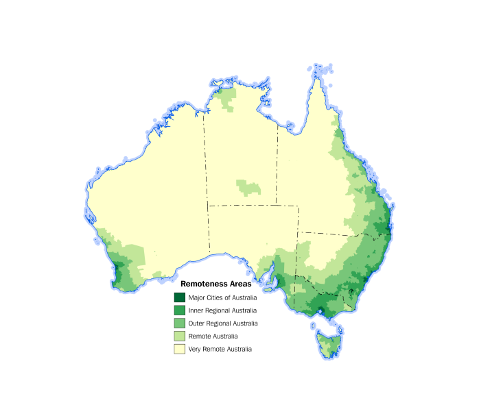 Map detailing the five different Remoteness Area classes which make up the Remoteness Structure. The map shows areas shaded in light to dark green colours, to demonstrate Very Remote Australia, Remote Australia, Outer Regional Australia, Inner Regional Australia and Major Cities of Australia respectively.