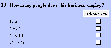 'How many people does this business employ? (Tick one box)'. Response options: None; 1 to 4; 5 to 10; Over 10.