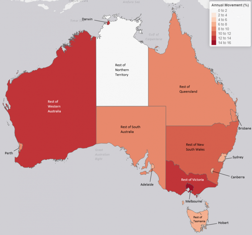 The heat map below denotes the annual revenue movements for each capital city, state and territory, at the Greater Capital City Statistical Area (GCCSA) level.