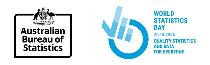 mage description: A graphic featuring two logos. On the left is the Australian Bureau of Statistics logo. On the right is the World Statistics Day 2025 logo, showing stylized blue bars forming part of a circular shape. Accompanying text reads: "WORLD STATISTICS DAY, 20.10.2025, QUALITY STATISTICS AND DATA FOR EVERYONE.