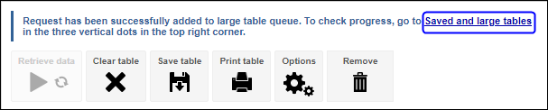 Click on the Saved and large table link in the confirmation message to view the status