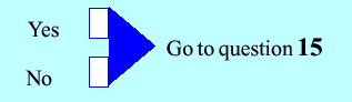 Large arrow joining answer boxes pointing to single sequencing instruction: 'Go to question 15'