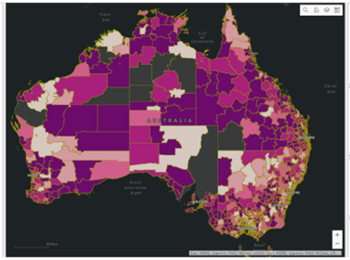 Heat map of Australia with boundaries showing different coloured sections based on response rates
