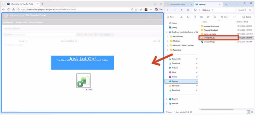 Informatica File Transfer Portal page, showing the drag and drop process
