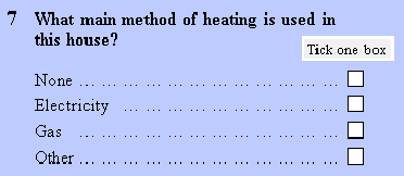 What main method of heating is used in this house? (Tick one box); Responses: None; Electricity; Gas; Other.