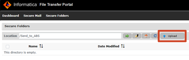 Informatica File Transfer Portal page, highlighting the Upload button