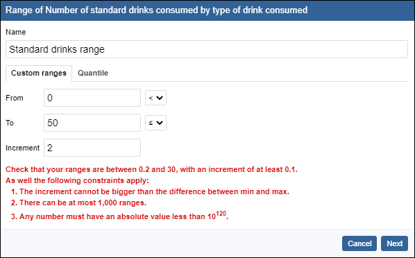 Additional information will display if values are selected outside the allowable range values.