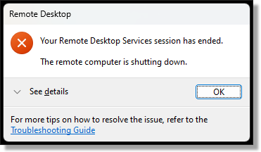 Remote session has ended confirmation box