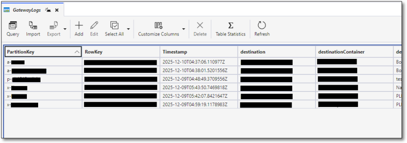 Gateway logs table in Azure Storage Explorer
