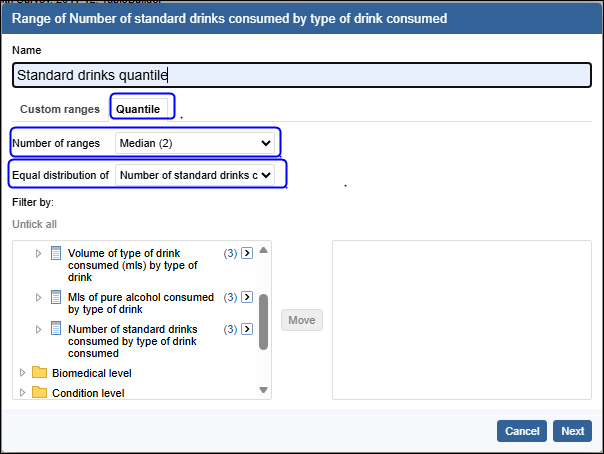 Quantile ranges showing button selection