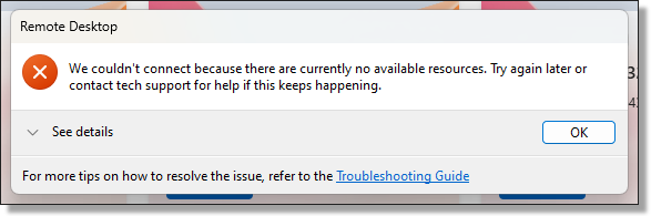 No available resources error message