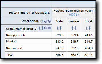 Data table comprising social marital status by sex from the Persons in Household level
