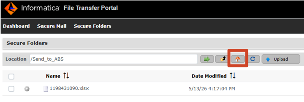 Informatica File Transfer Portal page, highlighting the Home button