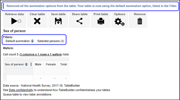 When the Summation Options are removed from the table, TableBuilder will automatically adds in the Default summation option