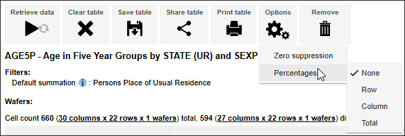 Percentages options menu