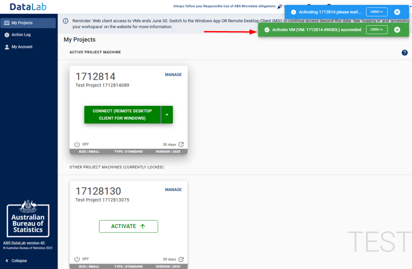 Action log Activate VM succeeded