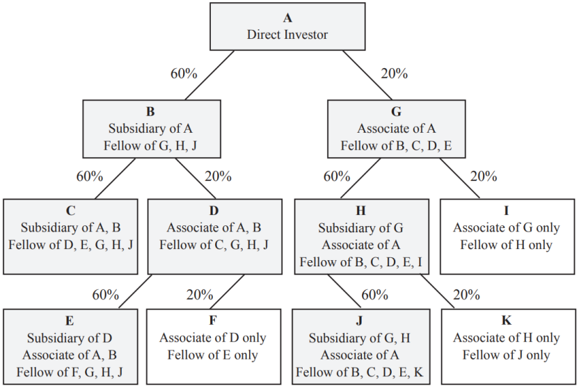 Diagram X1 - Assume enterprise A has the following investments, with ownership of ordinary shares or voting stock as indicated: