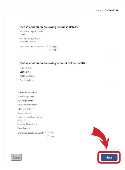 Screen shot of confirm your business details and select save step.